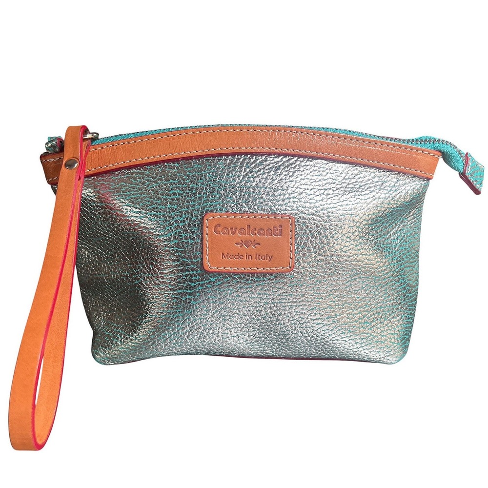 Cavalcanti Silver Metallic Leather Wristlet Pouch Made in Italy Turquoise Tan
